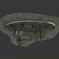 Sunken Ship Model Display With Broken Hull And Surrounding Water Wreckage Scene