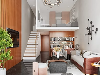 Modern Apartment Living Space With Chandelier Staircase Bookshelf Sofa And Green Plant 3d model