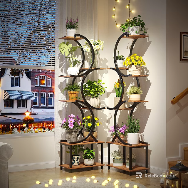 Decorative Indoor Flower Stand With Multiple Tiers Holding Various Plants And Colorful Flowers In Pots 3d model 