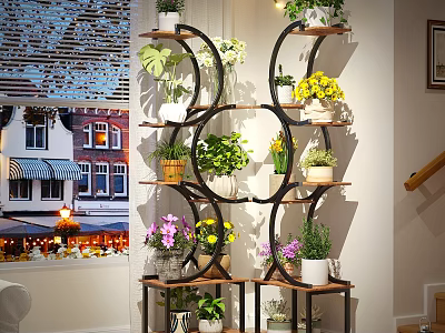 Decorative Indoor Flower Stand With Multiple Tiers Holding Various Plants And Colorful Flowers In Pots 3d model
