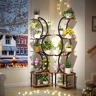 Decorative Indoor Flower Stand With Multiple Tiers Holding Various Plants And Colorful Flowers In Pots 3d model