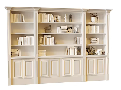 White Bookcase with Open Shelves Closed Cabinets Books and Decorative Items 3d model