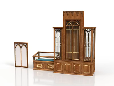 Traditional Wooden Display Cabinet Set With Arched Glass Doors Carved Details And Blue Cushion Drawers 3d model