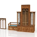 Traditional Wooden Display Cabinet Set With Arched Glass Doors Carved Details And Blue Cushion Drawers