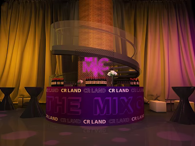 The Mix Spiral Display Stand Featuring Purple Sign Yellow Curtain Background And Black Round Tables 3d model