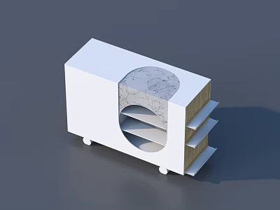 White Modern Entryway Console Side Cabinet Featuring Circular Cutout Layered Shelves And Rolling Wheels 3d model
