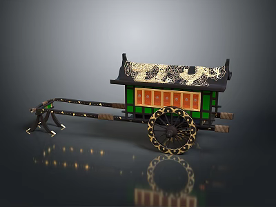 Traditional Chinese Carriage With Decorative Roof Green Orange Body And Patterned Wheels 3d model