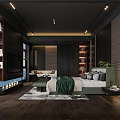 Modern Dark Bedroom Interior With Green Bedding Large Bed TV And Floor to Ceiling Windows