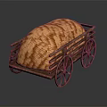 Woven Textured Item Displayed On Wooden Cart With Spoked Wheels And Smooth Surface