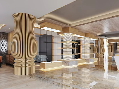 Elegant Modern Store Front Desk With Wooden Pillars And Bright Lighting 3d model
