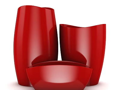 Red Decorative Ornament Set With Three Glossy Vases And Bowl 3d model