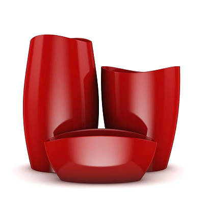 Red Decorative Ornament Set With Three Glossy Vases And Bowl 3d model