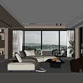 Modern Living Room With Beige Sofa Large Windows Scenic View Coffee Table And Brown Armchair