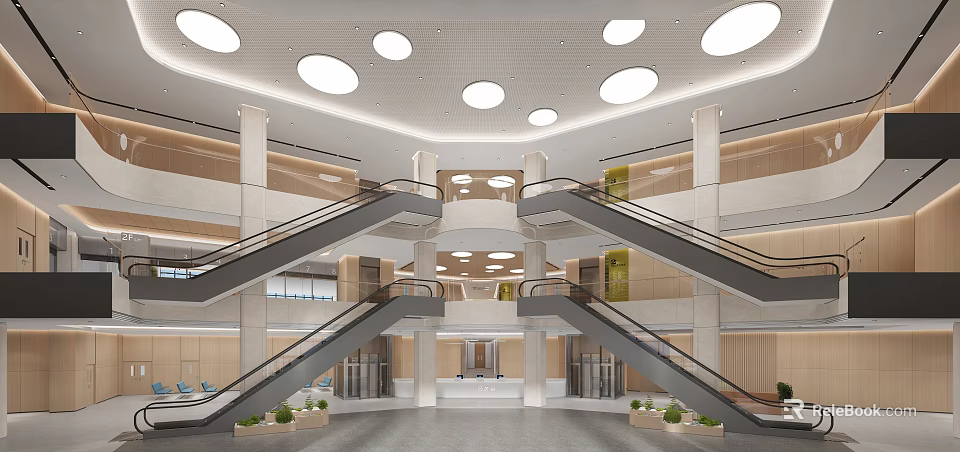 Hospital Outpatient Clinic Spacious Lobby With Multi Level Escalators Round Lights Columns And Plants 3d model 