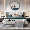 Elegant Modern Bedroom Interior Design With Round Wall Art And Green Curtains