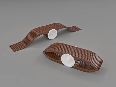 Modern Wooden Public Chairs With Curved Design And White Circular Supports 3d model