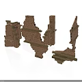 Ancient Building Ruins with Brick Wall Fragments and Column Remains Structures