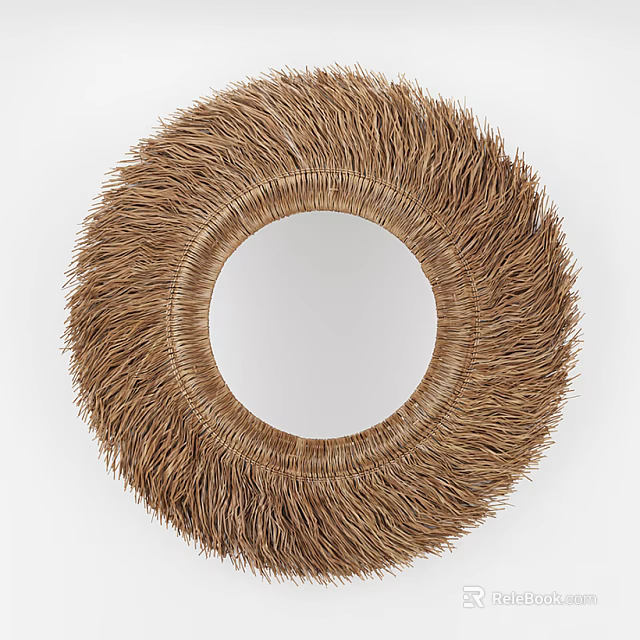 Natural Circular Woven Wall Decor With Rattan Fringed Edges And Central Mirror 3d model 