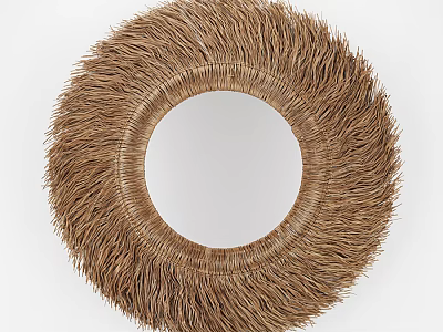 Natural Circular Woven Wall Decor With Rattan Fringed Edges And Central Mirror 3d model