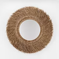 Natural Circular Woven Wall Decor With Rattan Fringed Edges And Central Mirror