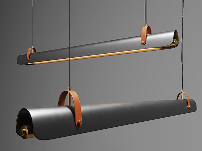 Modern Long Cylindrical Pendant Light With Black Body Orange Leather Straps And Gold Accents 3d model