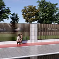 Modern Landscape Wall With Trees Red Gray Paving Child On Scooter And Reflection