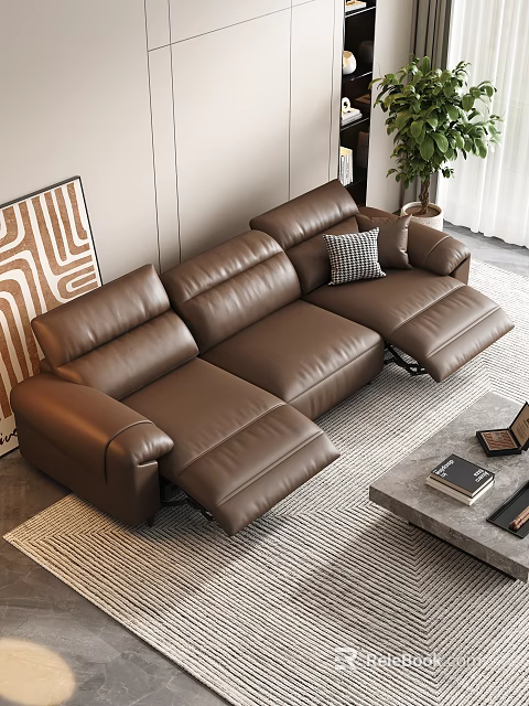 Modern Brown Leather Reclining Corner Sofa With Coffee Table And Books 3d model