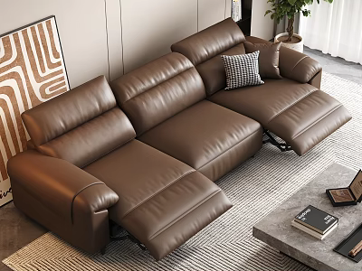 Modern Brown Leather Reclining Corner Sofa With Coffee Table And Books 3d model