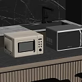 Two Microwaves On Modern Kitchen Countertop With Marble Backsplash And Wine Bottle
