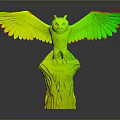 Detailed Golden Owl Sculpture With Spread Wings Standing On Tree Stump Base