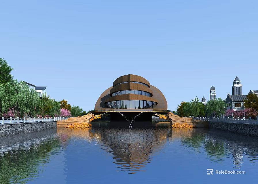 Unique Modern Cultural Center Building With Curved Design And Water Reflection Surrounded By Trees 3d model 