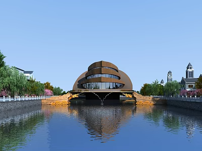 Unique Modern Cultural Center Building With Curved Design And Water Reflection Surrounded By Trees 3d model