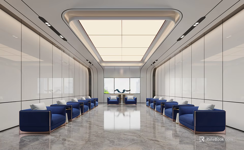 Modern Hotel Public Lounge Area Featuring Blue Sofas Marble Floor And Large Windows 3d model 