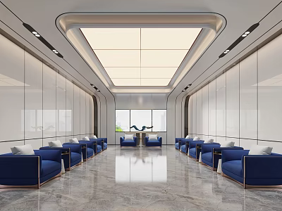 Modern Hotel Public Lounge Area Featuring Blue Sofas Marble Floor And Large Windows 3d model