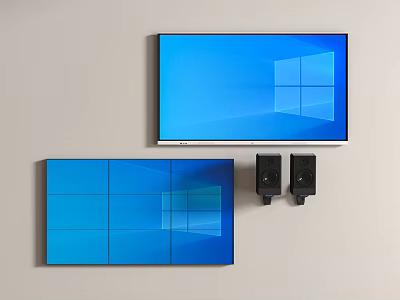Two Black Speakers On Gray Wall With Large TV Blue Windows Screen And Blue Cabinet 3d model