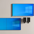 Two Black Speakers On Gray Wall With Large TV Blue Windows Screen And Blue Cabinet