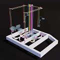 Colorful Industrial Pipes Network 3D Model On White Platform Structure Design