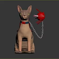 Sphynx Cat With Blue Harness And Red Spiked Ball Attached By Chain