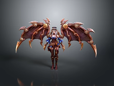 Steampunk Female Character In Detailed Outfit With Ornate Biomechanical Wings And Metallic Gears 3d model