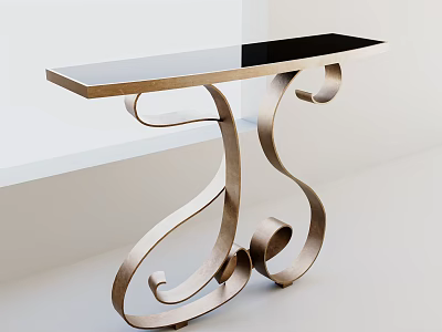 Stylish Console Table With Ornate Curved Metal Frame And Smooth Black Glass Top 3d model