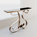 Stylish Console Table With Ornate Curved Metal Frame And Smooth Black Glass Top