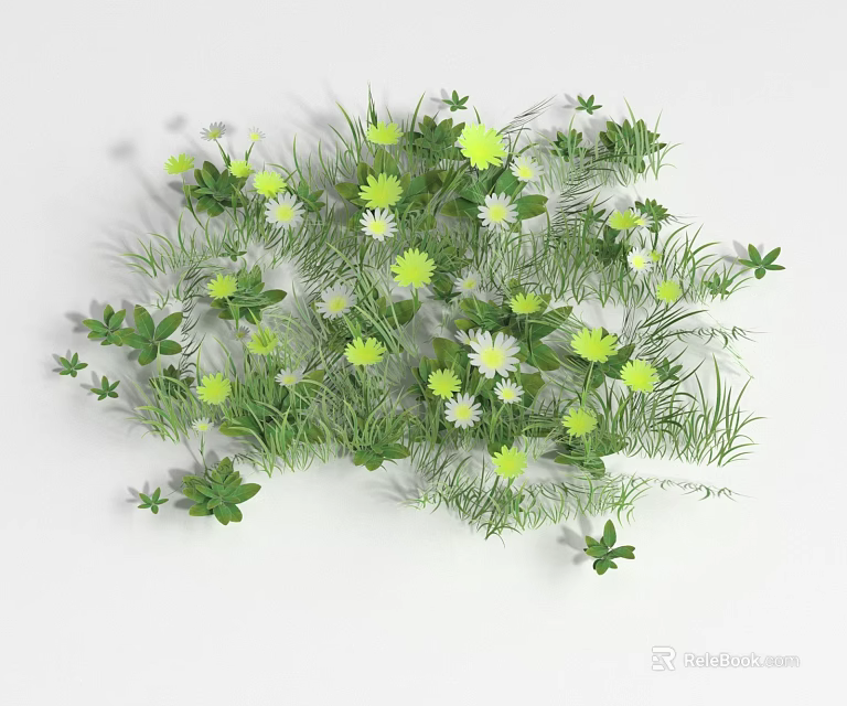 Vibrant Green Grass With Yellow Flowers And White Daisies In Natural Arrangement 3d model 