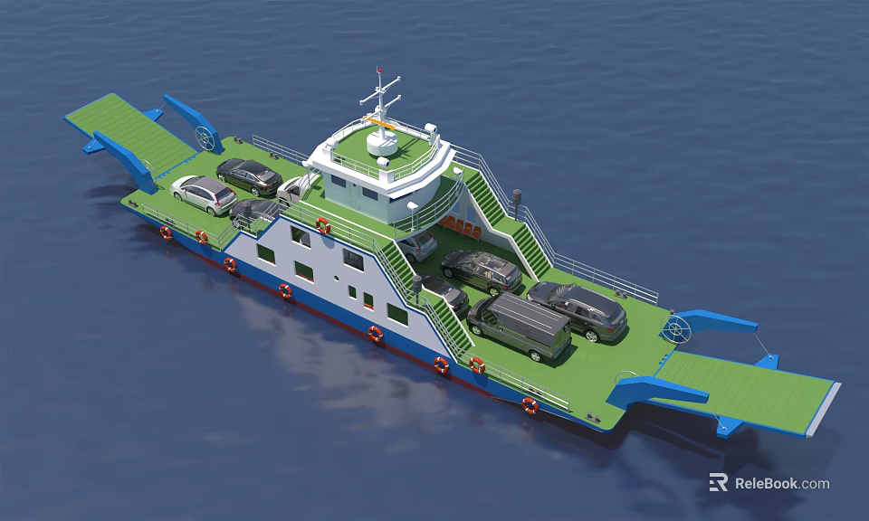 Car Carrying Ferry With Green Deck On Ocean 3d model