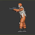 Orange Protective Suit Character With Creature Holding Handheld Equipment In Scene
