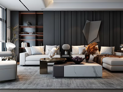 Modern Living Room With White Sofa Marble Coffee Table Geometric Decor And Green Plant 3d model