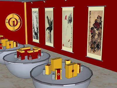 Traditional Chinese Painting Store With Red Walls Display Tables And Colorful Boxes 3d model