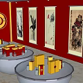 Traditional Chinese Painting Store With Red Walls Display Tables And Colorful Boxes