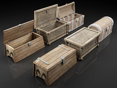 Various Sizes Of Open And Closed Wooden Crates With Metal Hardware 3d model