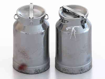 Two Vintage Worn Metal Milk Cans With Stains For Rustic Kitchen Decor 3d model