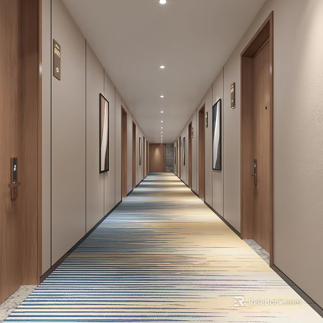 Modern Hotel Corridor Interior Design With Recessed Lighting Striped Carpet And Wooden Doors 3d model 